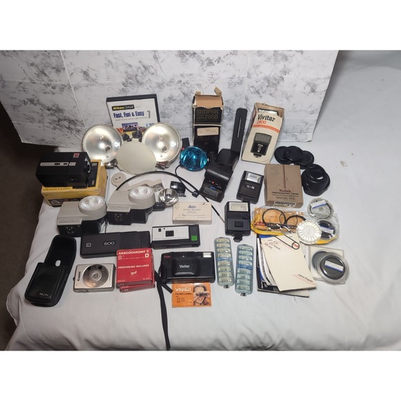 Other - Huge Lot Vintage Camera Equipment Kodak Polaroid Cannon Flashes Cameras Lenses